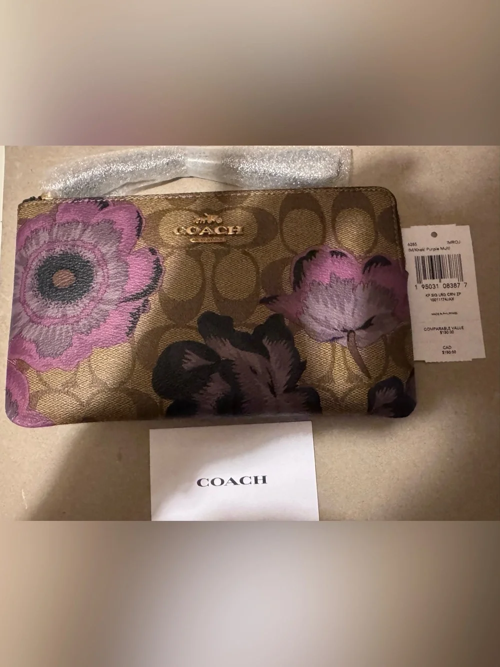 NWT Coach x Kaffe Fasset Medium Wristlet, Signature Khaki, Navy Interior/Strap